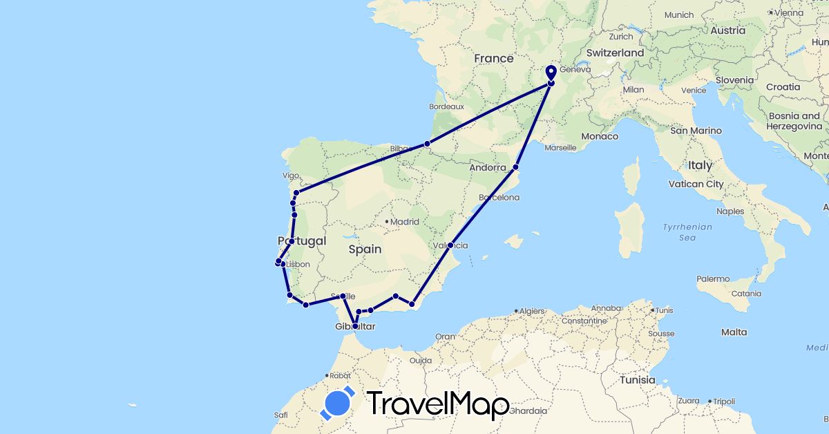 TravelMap itinerary: driving in Spain, France, Gibraltar, Portugal (Europe)